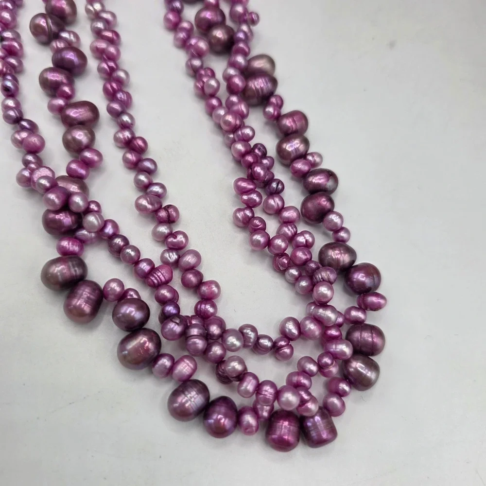 Magenta Pink Multi-Strand Freshwater Pearl Necklace 3-Row Slide Clasp 18in
